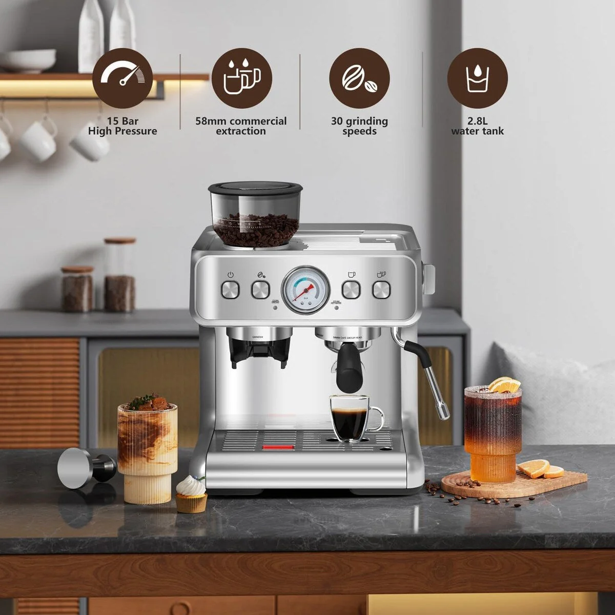 Semi-automatic Coffee Machine with Intelligent Temperature Control and Hot Water Function, 30 Grinding Settings