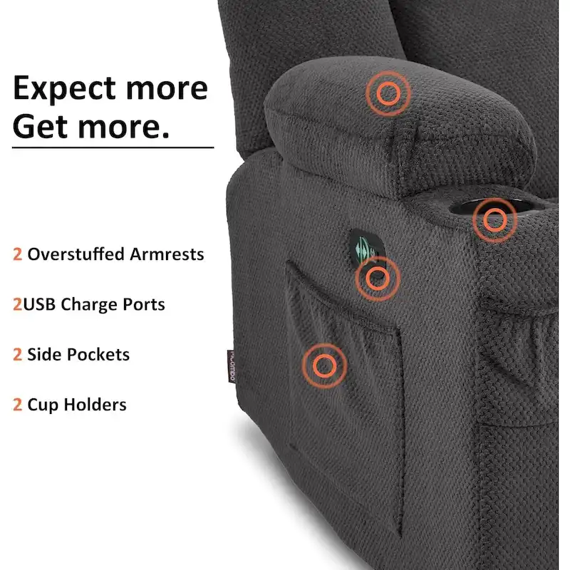 Electric Power Reclining Sofa with Massage and Lumbar Heat, Fabric