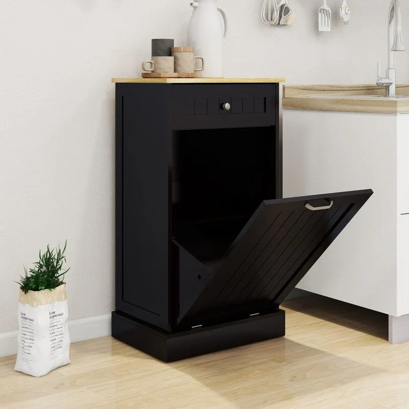 White/Black Tilt-Out Trash Cabinet with Drawer, Single Compartment