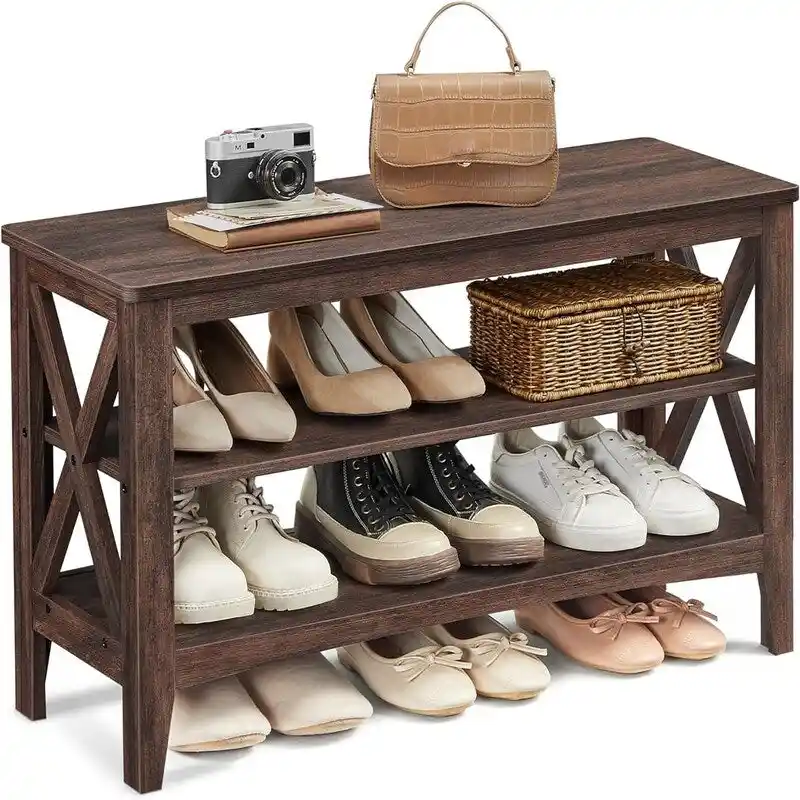 Maroon Brown/Honey Brown Particleboard 2-Tier Shoe Bench with Steel Frame, Seats 1