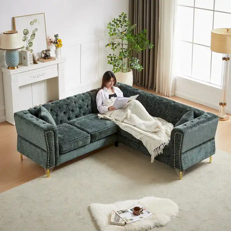 L-Shaped Sectional Sofa with Chesterfield Design, Chenille Fabric, 5-Seat