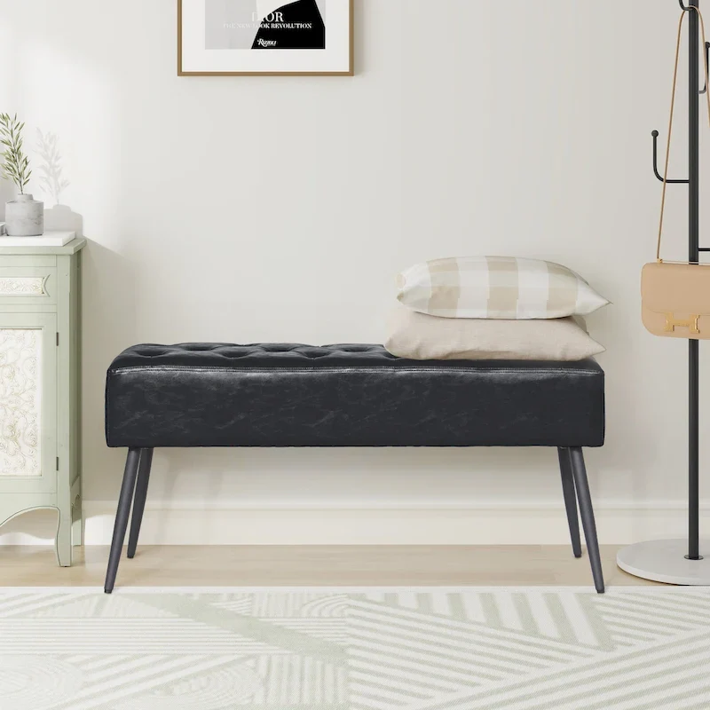 Faux Leather Upholstered Bench with Tufted Seat