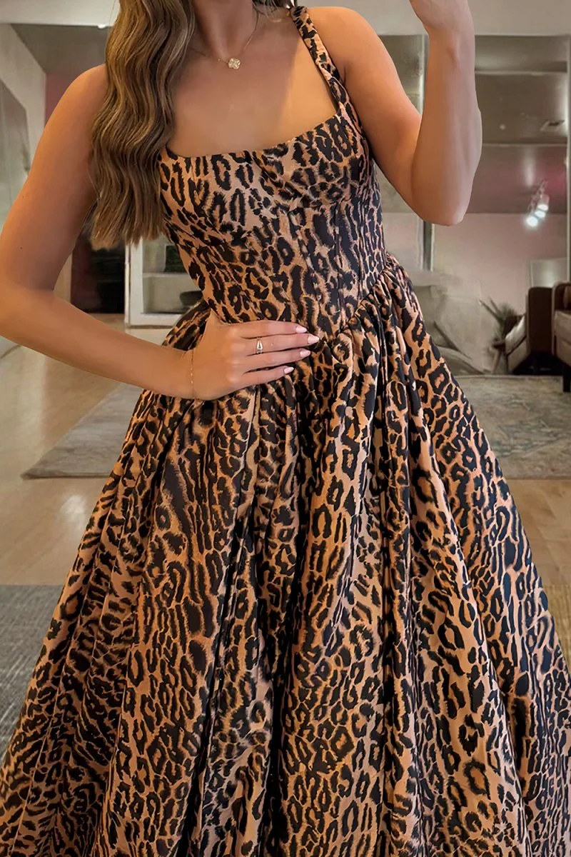 Leopard Square Neck Satin A Line Long Prom Dresses With Slit