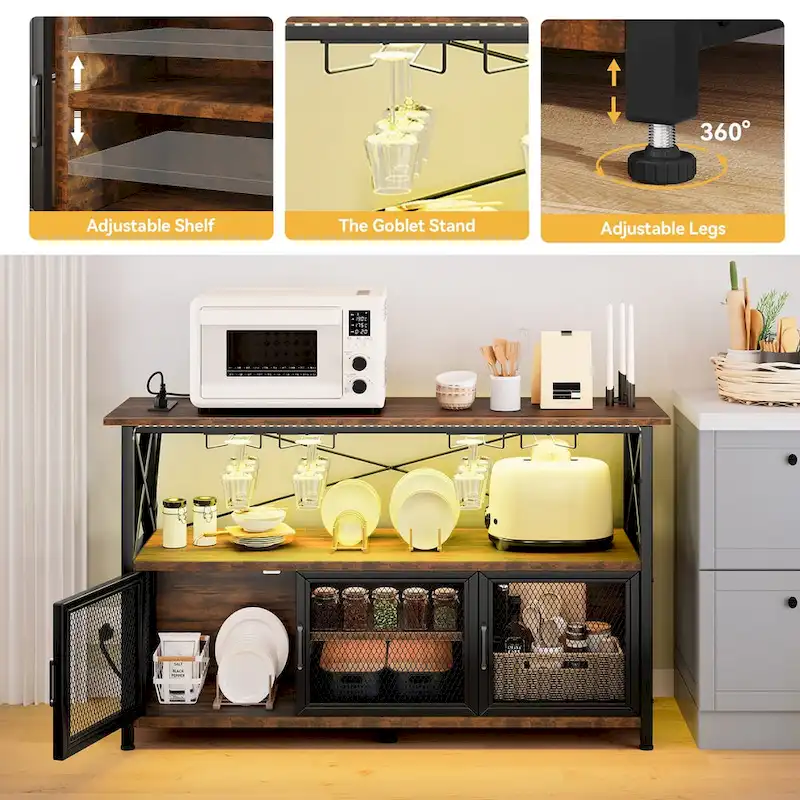 47 Wine Bar Cabinet with LED Lights Power Outlets Industrial Coffee Bar Cabinet - 47.2L x 15.7W x 33.4H