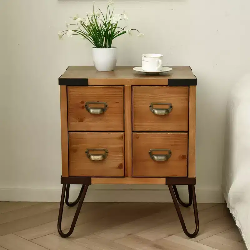 eHemco Antique Style 4-Drawer Storage End Table Side Table with Metal Hairpin Legs