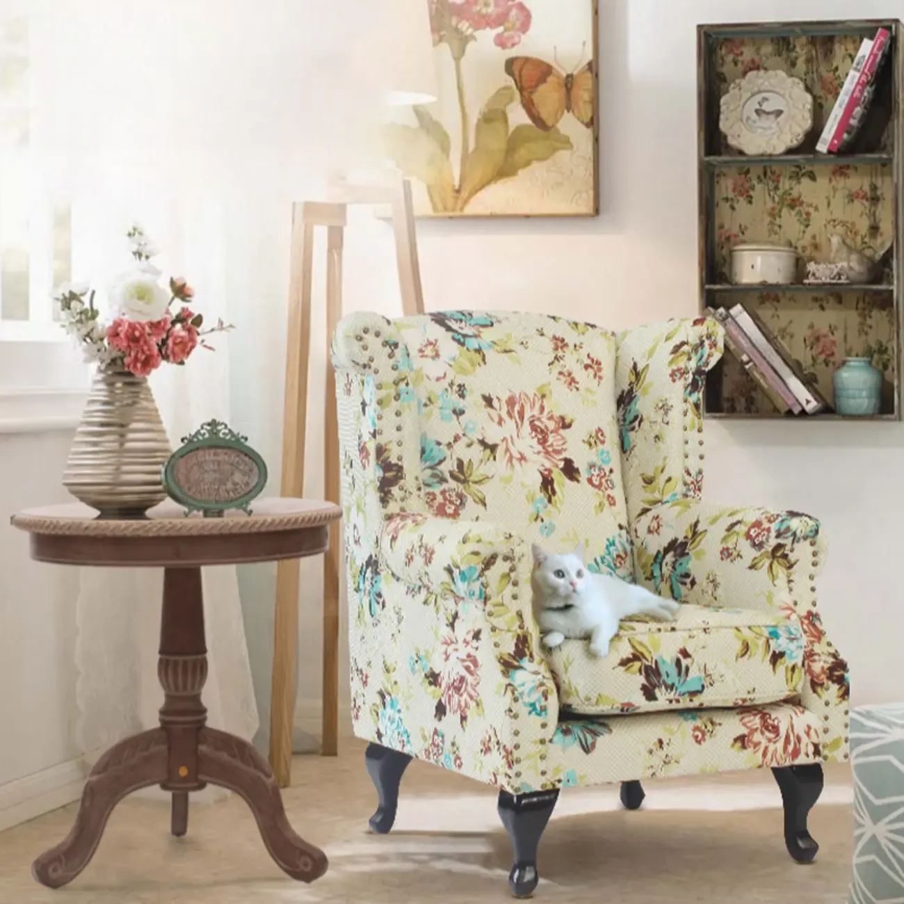 Traditional Leather Wingback Accent Chair with Nailhead Trim