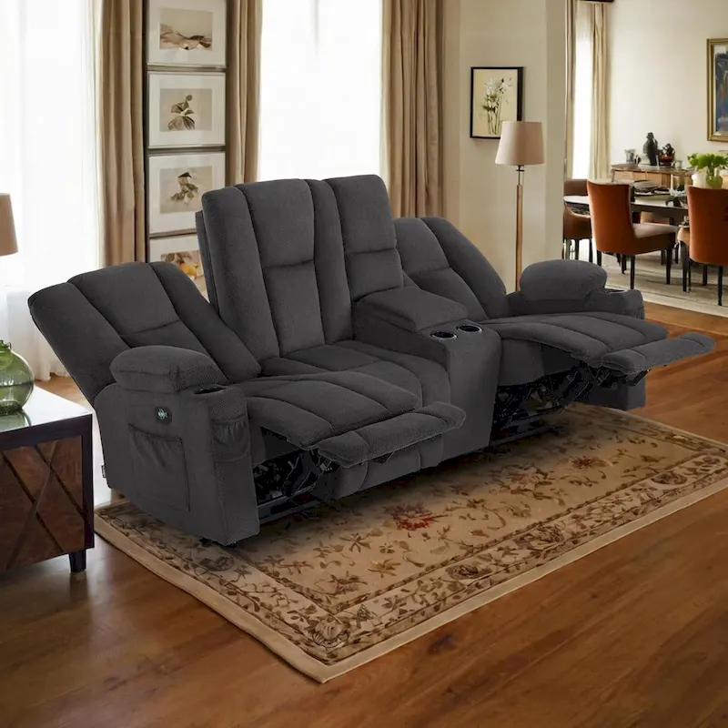 Electric Power Reclining Sofa with Massage and Lumbar Heat, Fabric