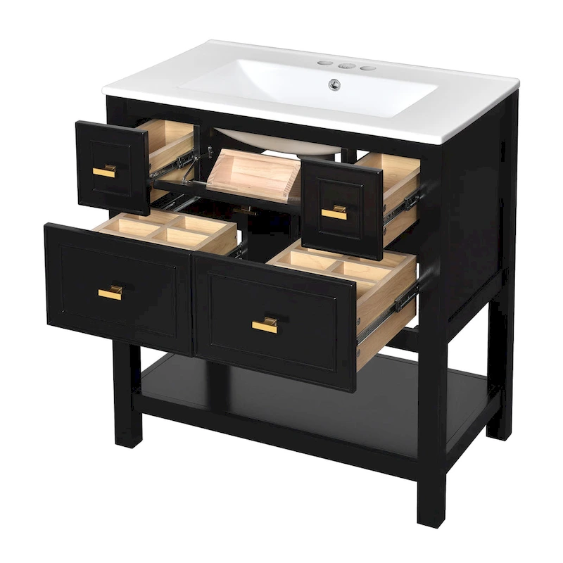 30 Bathroom Vanity with Ceramic Sink Combo, Free Standing Single Vanity Set with 5 Drawers