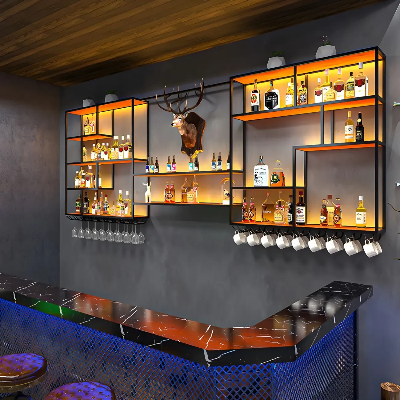 Black Metal Wall-Mounted Wine Rack with Stemware Holder