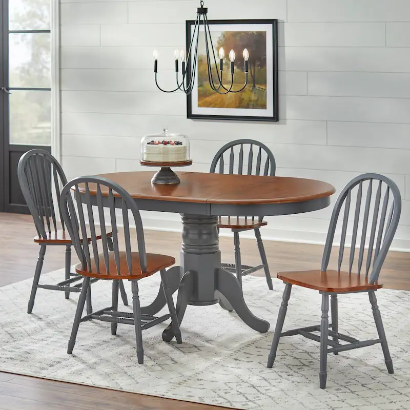 Oak/White/Grey/Black Round Pedestal Dining Set with Windsor Chairs & Leaf, 5-Person