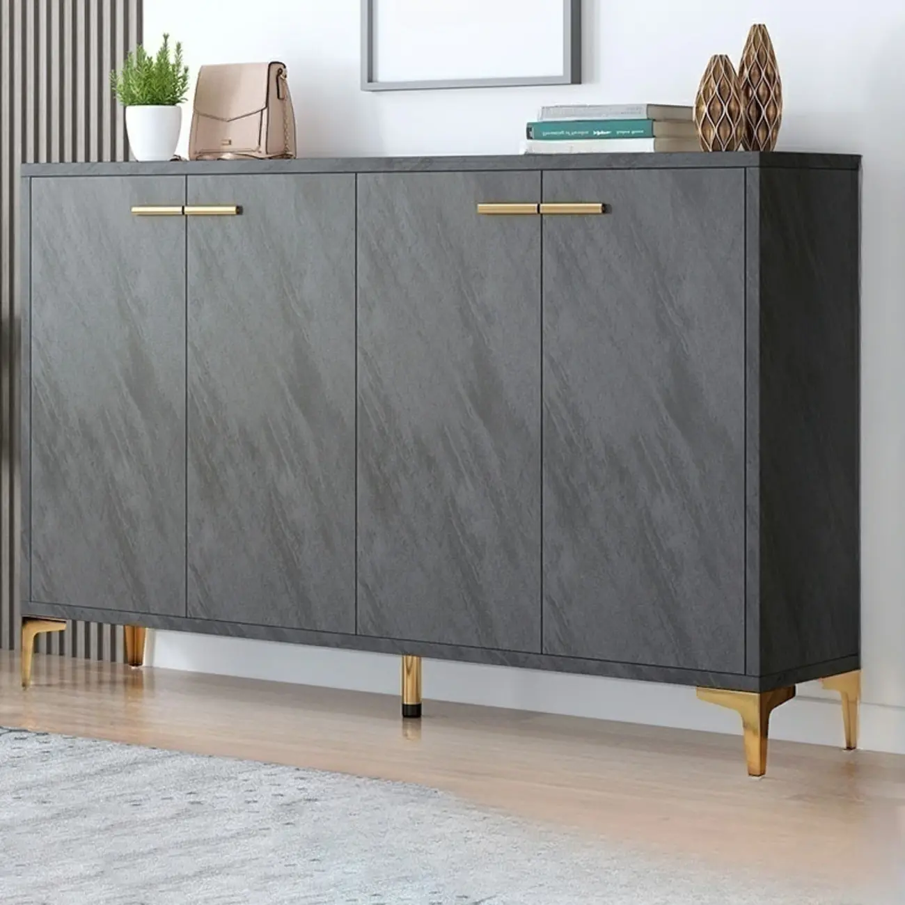 Elegant Grey Wood Hallway Shoe Cabinet with Metal Legs