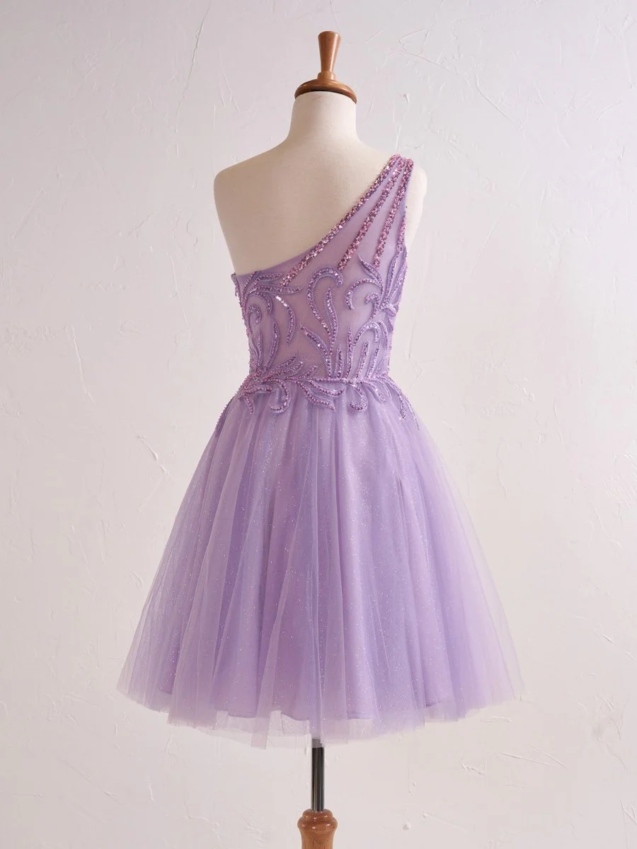One Shoulder A-line Lilac Short Homecoming Dress with Appliques
