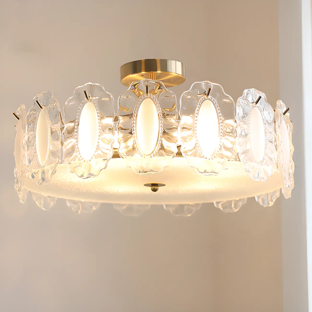 Elegant Glass Drum Shape Golden Semi Flush Light