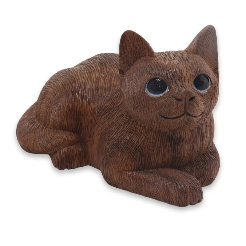 Novica Handmade Long Haired Cat Wood Sculpture