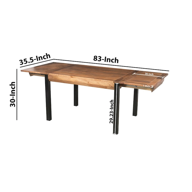 83 Inch Extendable Rectangular Dining Table, Handcrafted Mango Wood with Black Iron Legs