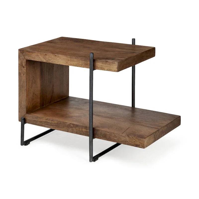 Medium Brown Solid Wood w/ Black Metal Frame C-Shaped End/Side Table