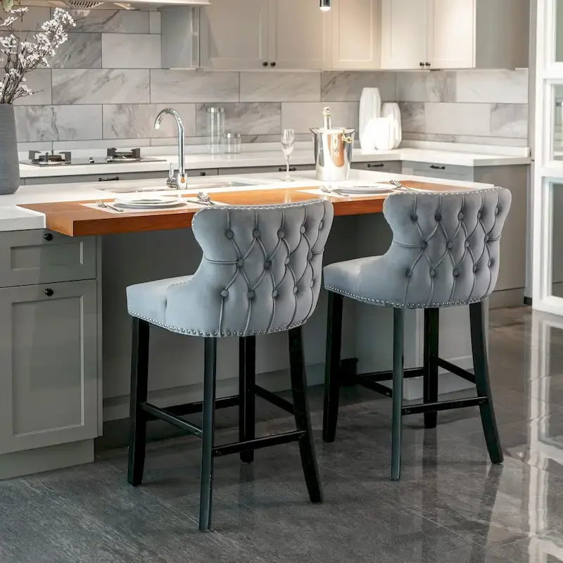 Velvet Wing-Back Barstools with Button Tufting – Set of 2