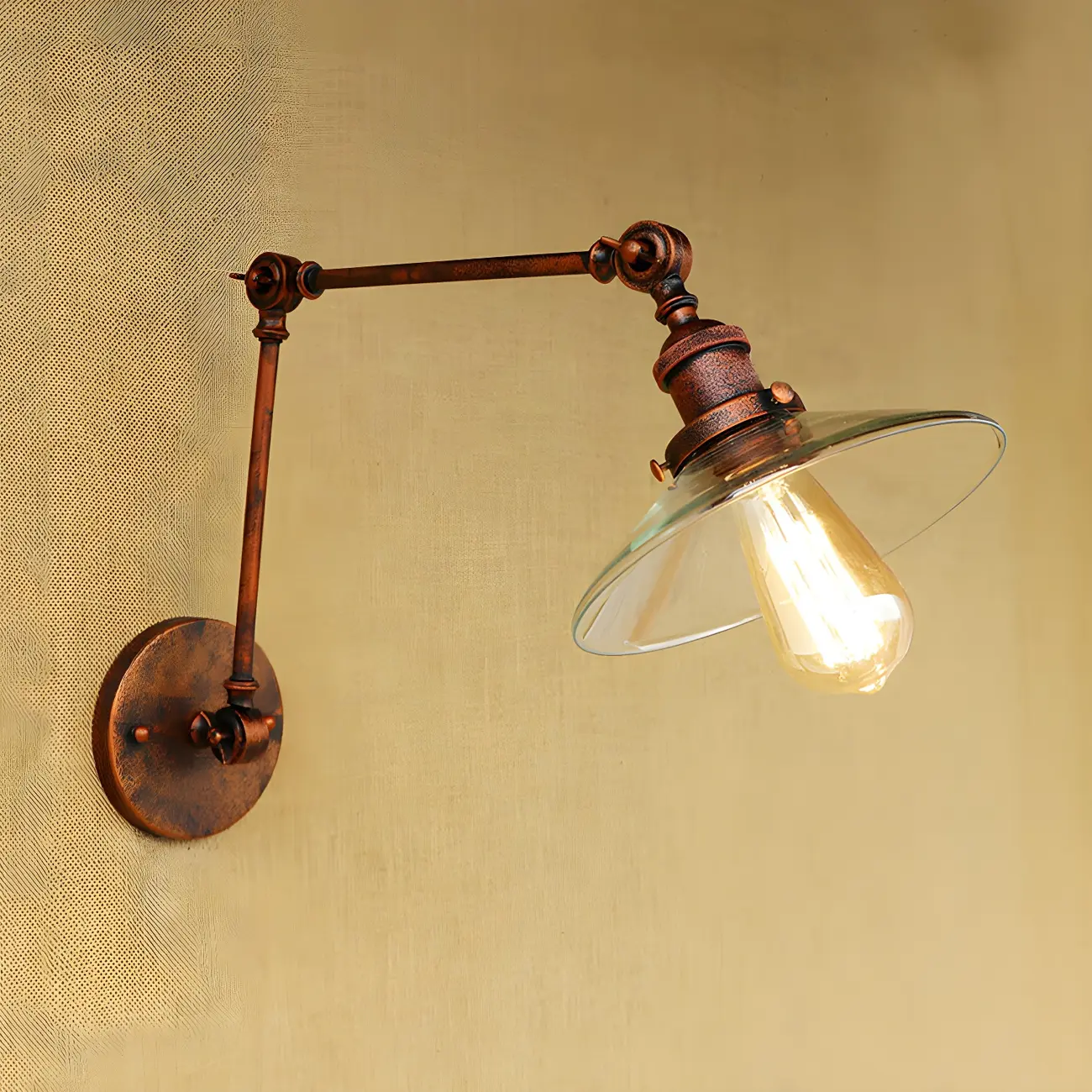 Antique Brass Glass Industrial Swing Arm Wall Light