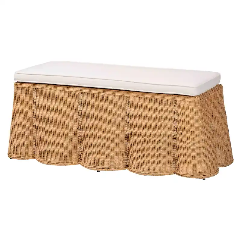 Natural Rattan Handwoven Rectangle Ottoman with Cushion, Coastal Boho Style