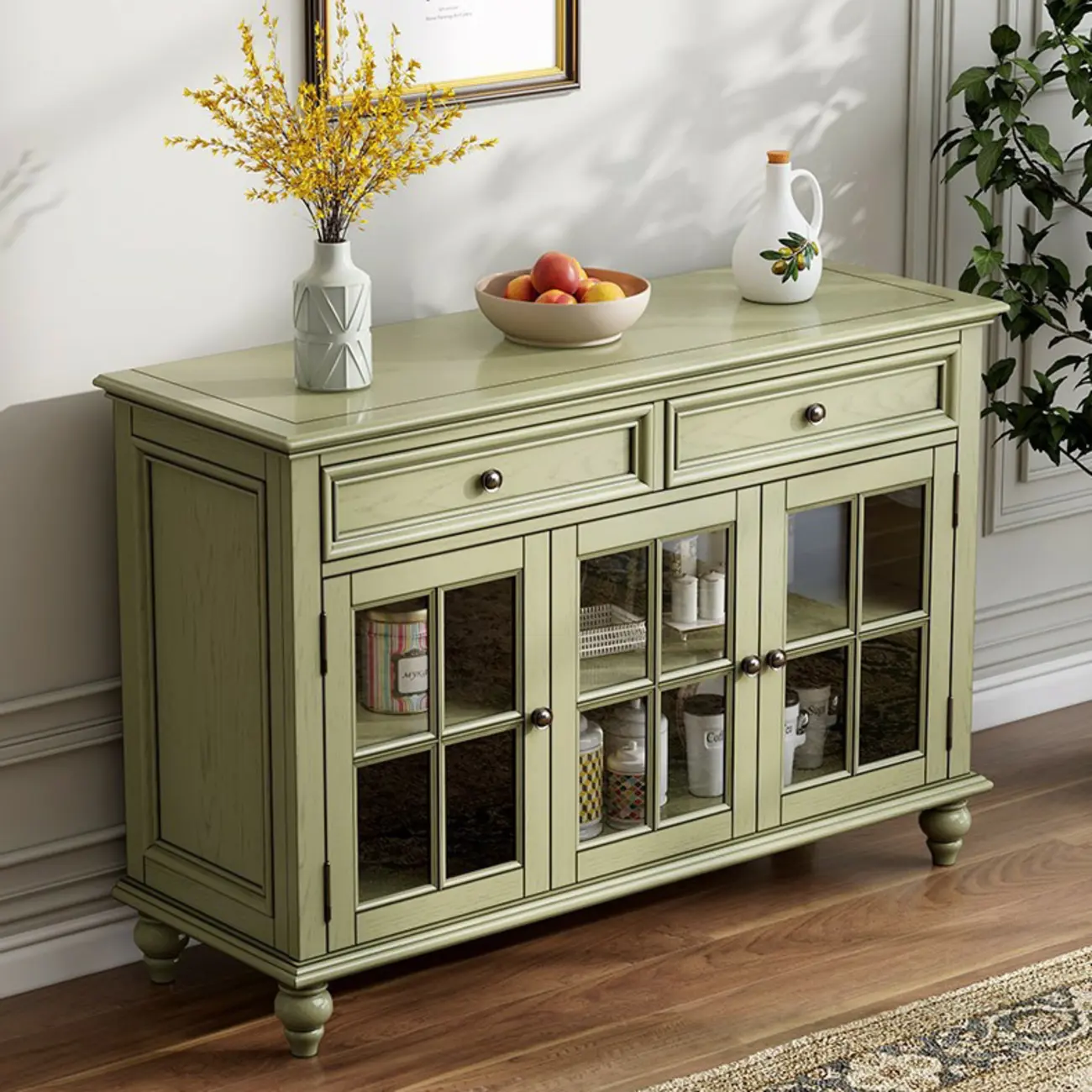 French Country Green Wooden Sideboard with Drawers