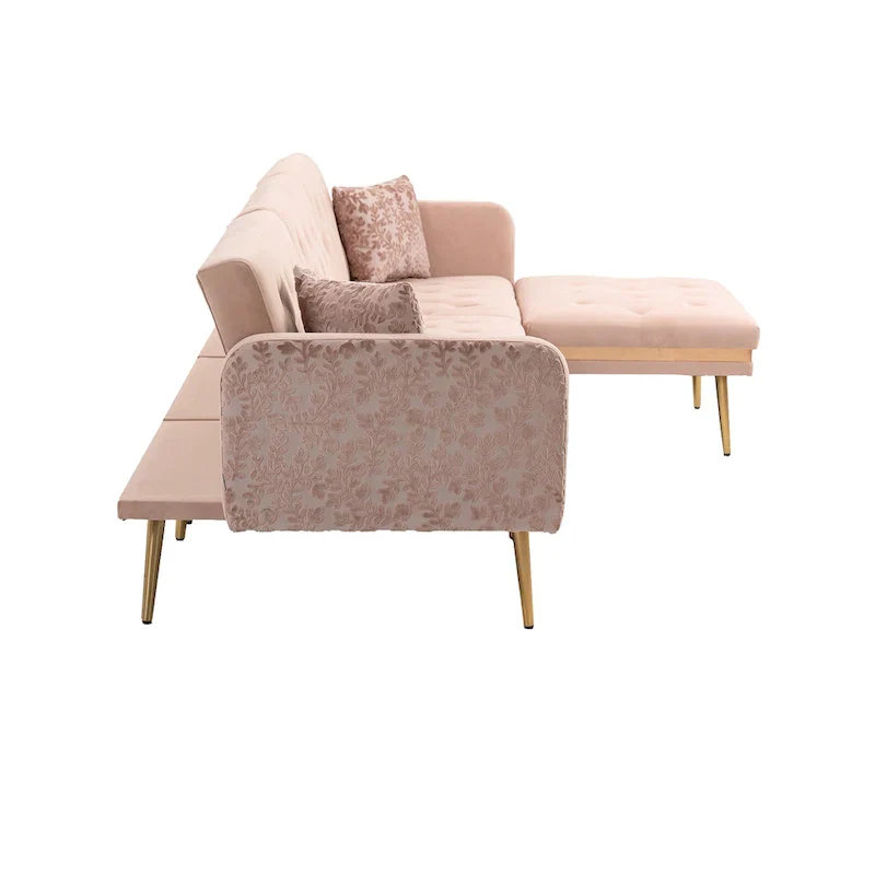 Polyester Upholstered Tufted Sleeper L-Shaped Sectional Sofa With Ottoman