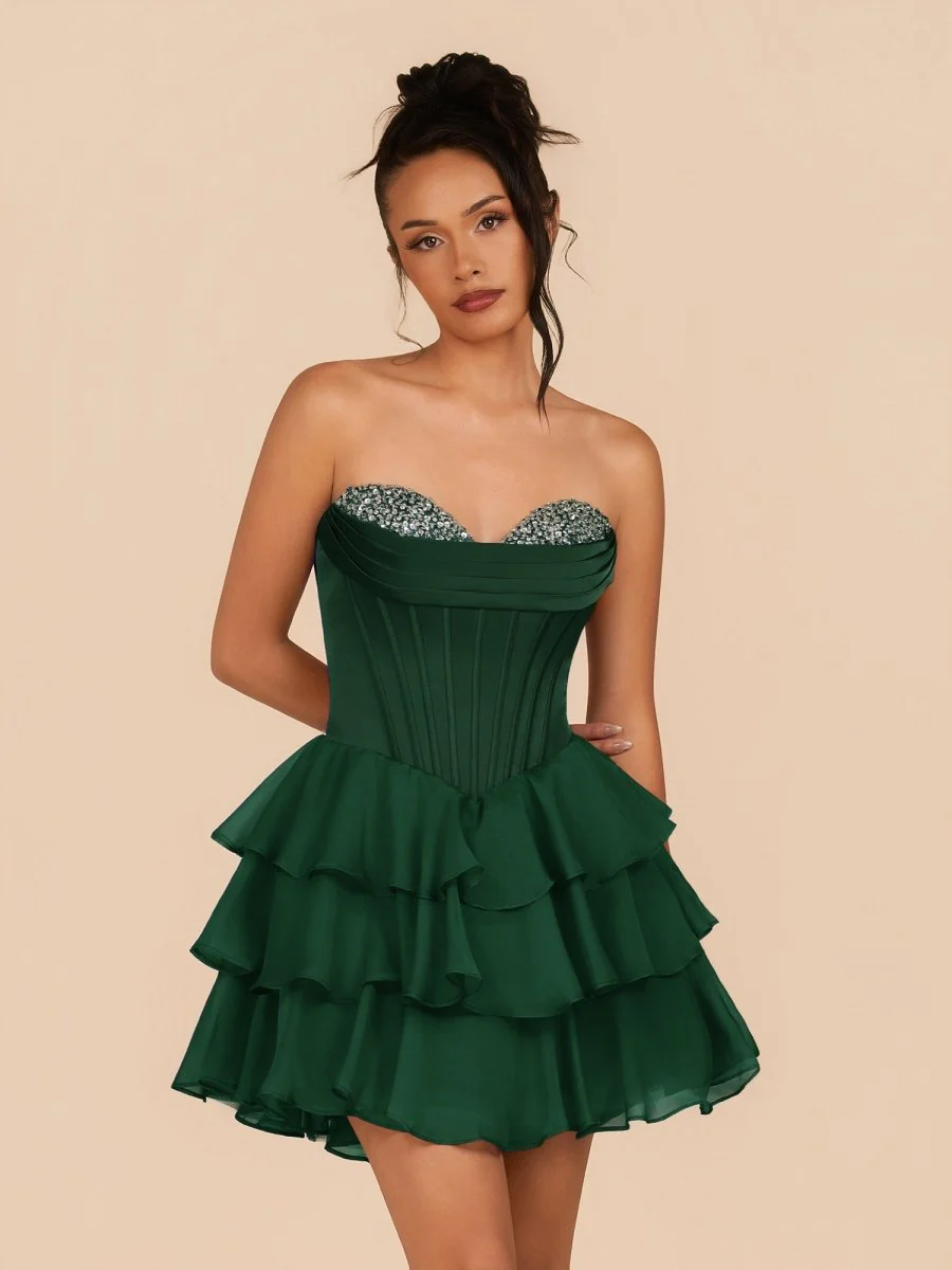 Dark Green – Strapless A-Line Ruffles Homecoming Dress With Beading