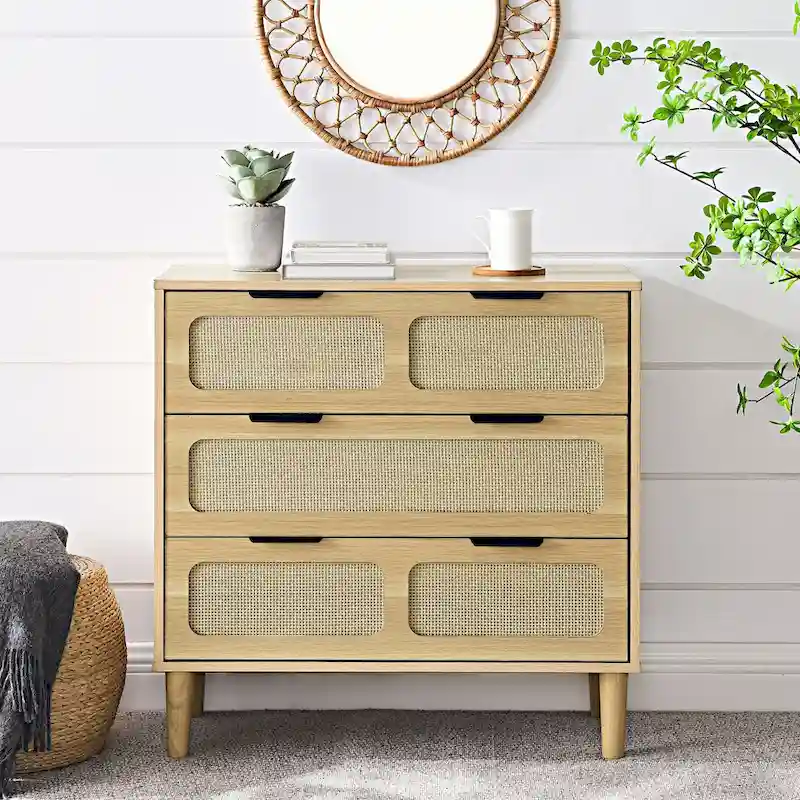 3 drawer dresser, modern rattan dresser cabinet with wide drawers and metal handles, farmhouse wooden storage chest of drawer