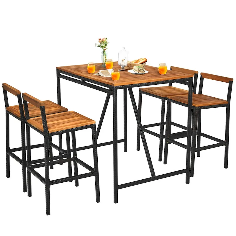 Costway 5PCS Patio Rattan Bar Table Stool Set Acacia Wood Top - See Details