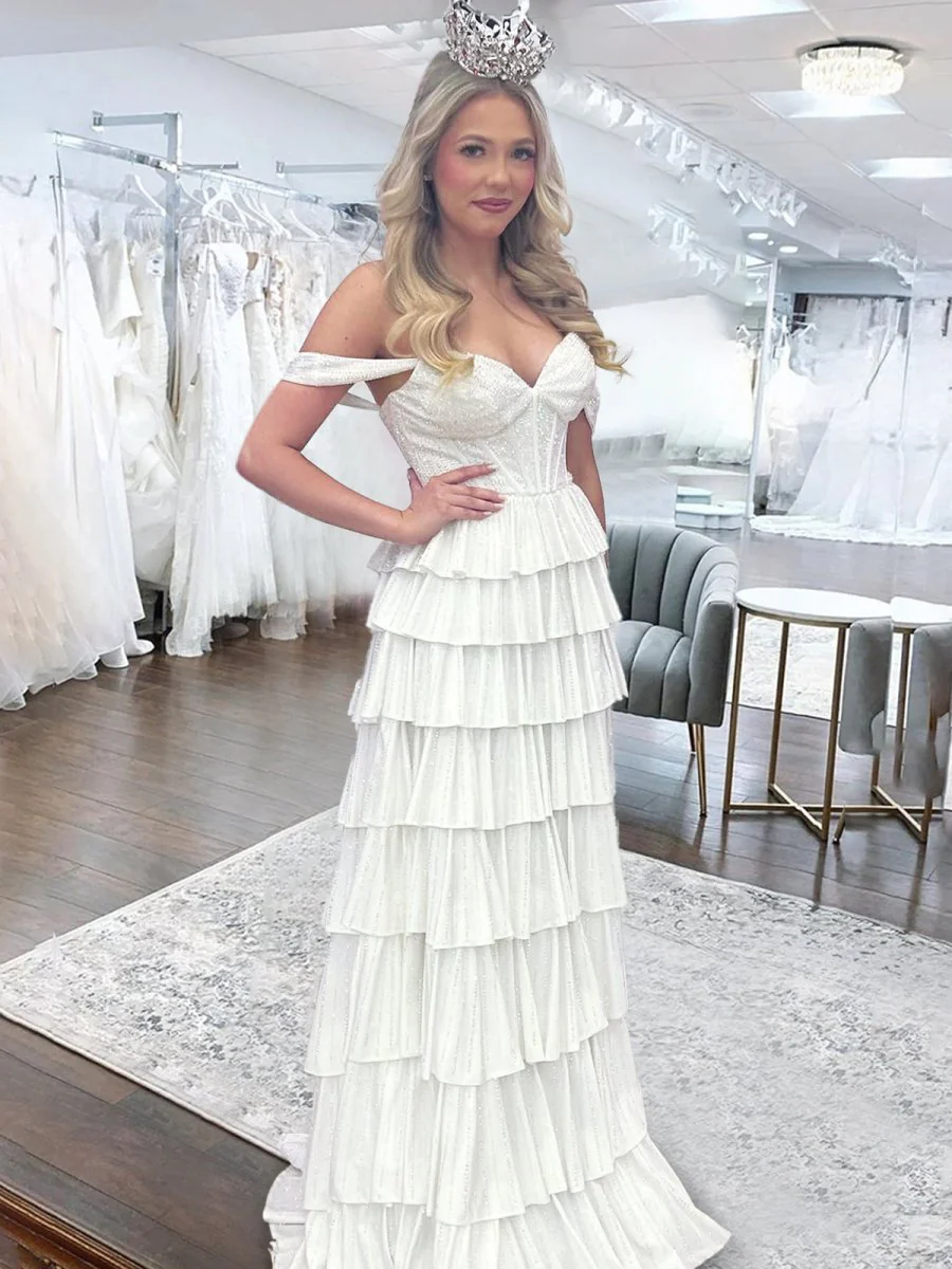 A Line Off-the-Shoulder Satin Tiered Long Prom Dresses With Beads