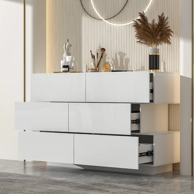 High Glossy Six-Drawer Dresser Chest with Off-Set Design (Black/White)