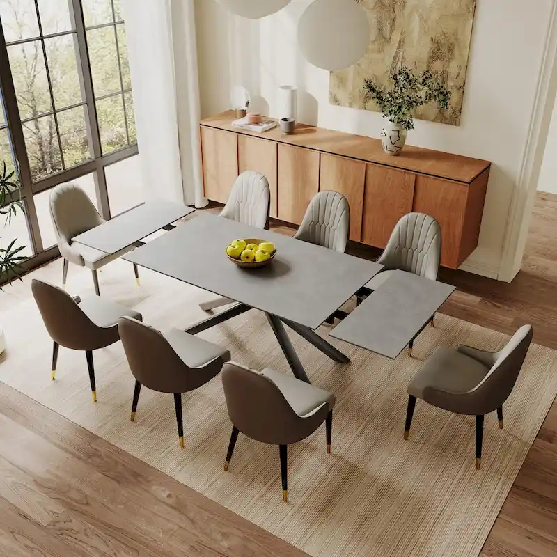 9 - Piece Extendable Rectangular Sintered Stone Cross Legs Dining Set With 8 Chairs