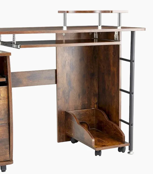 solid wood computer Desk,office table with PC droller,storage shelves and file cabinet,two drawers,CPU tray,a shelf