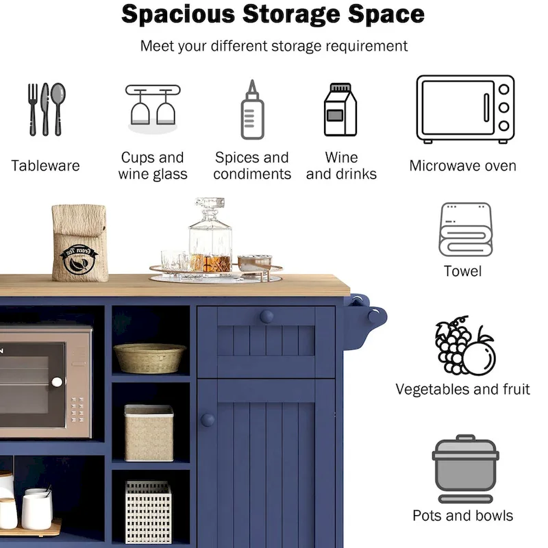 Rolling Kitchen Storage Cabinet with Microwave Stand, Drawers and Open Shelves