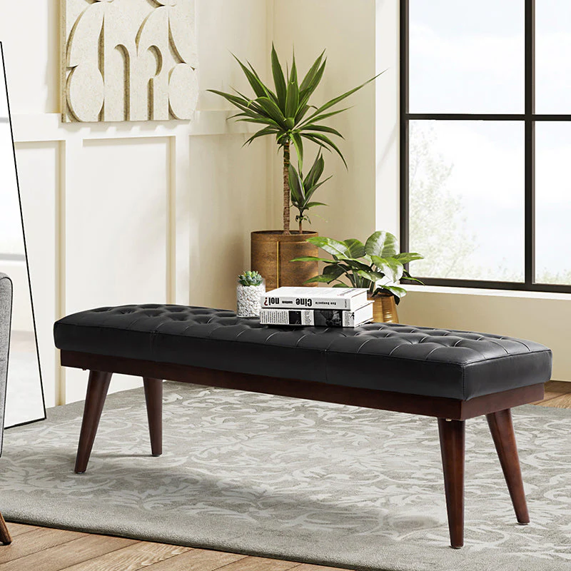 Mid-Century Genuine Leather Tufted Bench with Solid Wood Base | Black / Grey | Single