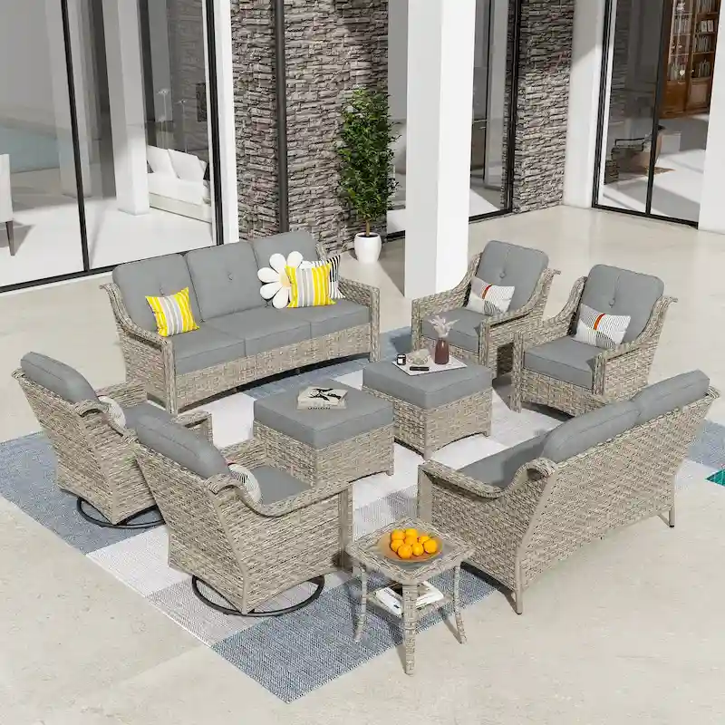 HOOOWOOO 9-piece Wicker High Back Patio Outdoor Swivel Chair Set