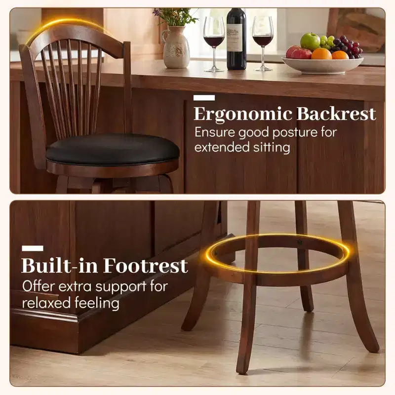 Costway Swivel Bar Stools Set of 2/4, 31 Bar Height Barstools with Backrests & Wood Frame Brown