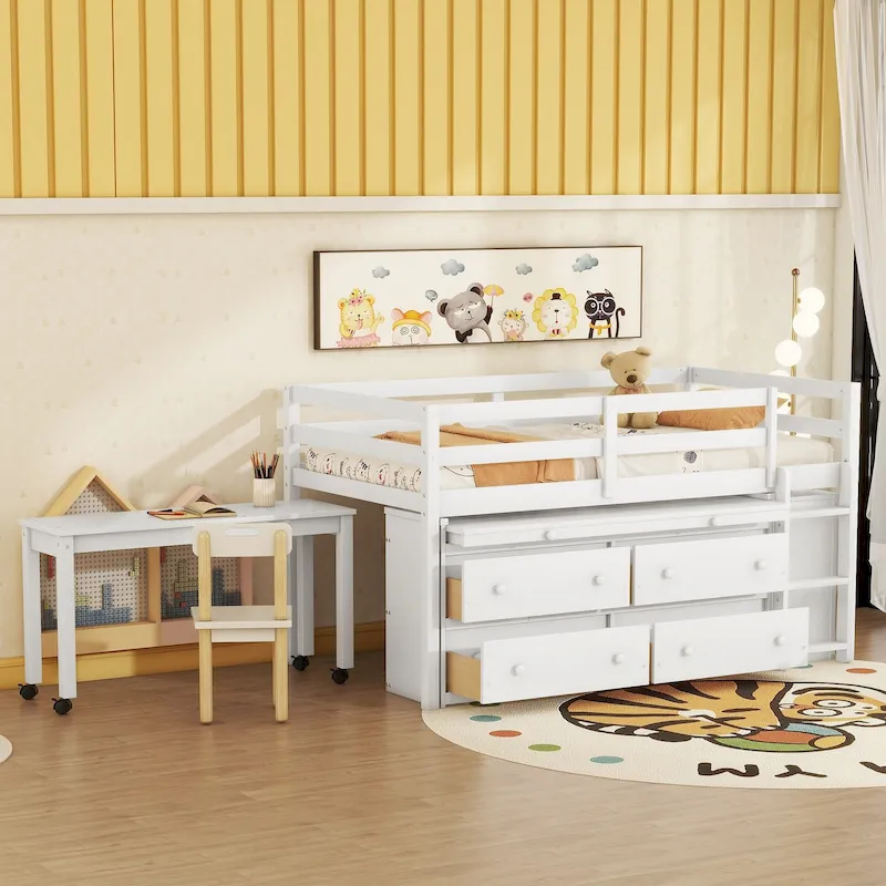 White Twin Size Solid Wood Loft Bed with Retractable Desk and Drawers