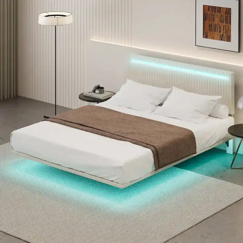 Modern Full Size Bed Frame with LED Lights, Remote Control for Different Light Colors, Sensor Lights, No Box Spring Needed