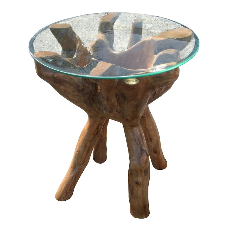 Chic Teak Rustic Teak Wood Root Side Table with 24 Inch Round Glass Top