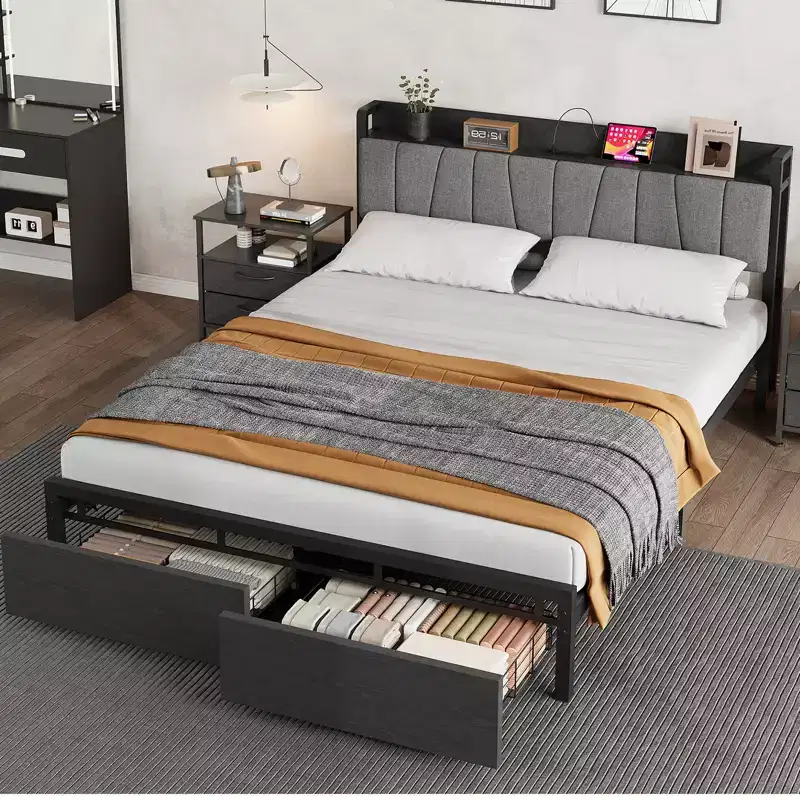 Whizmax Queen Size Bed Frame with Upholstered Headboard, Industrial Queen Platform Bed with 2 Storage Drawer and Charging Station No Box Spring Needed