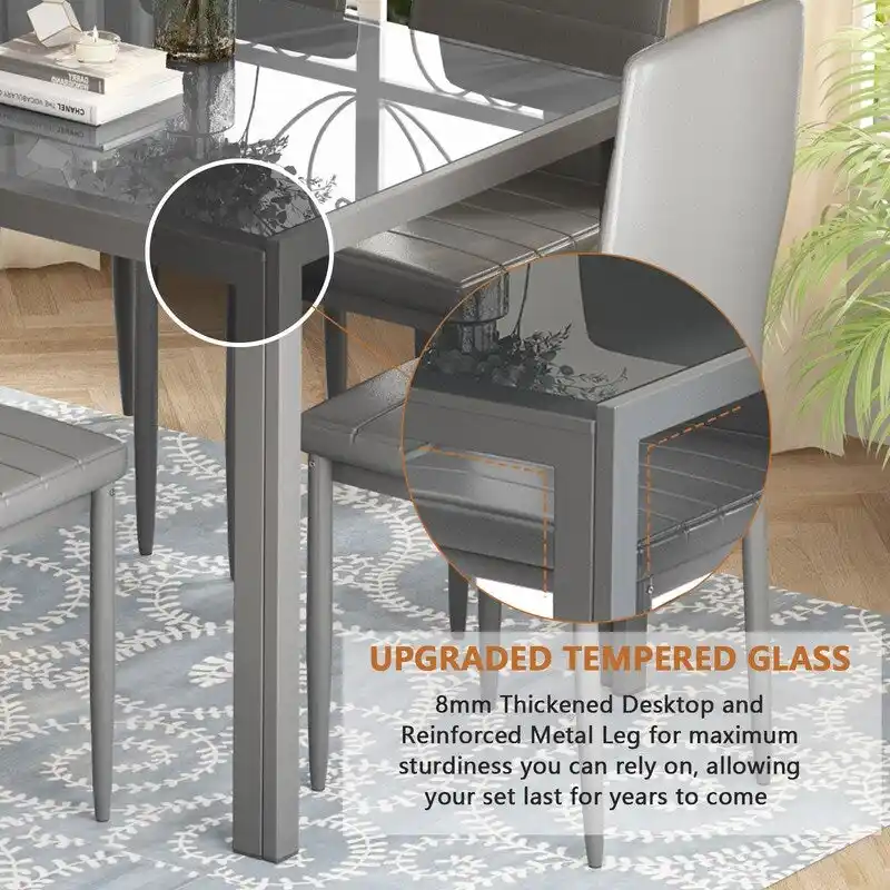 Grondin Modern Style 7-Piece Dining Room Table Set with Tempered Glass Tabletop and 6 PU Leather Upholstered Chairs