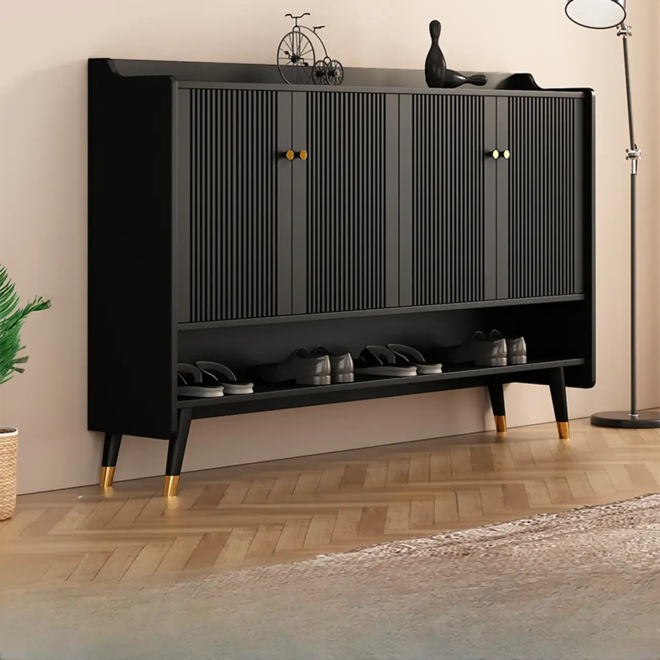 Entryway Black Wooden Shoe Cabinet with Doors