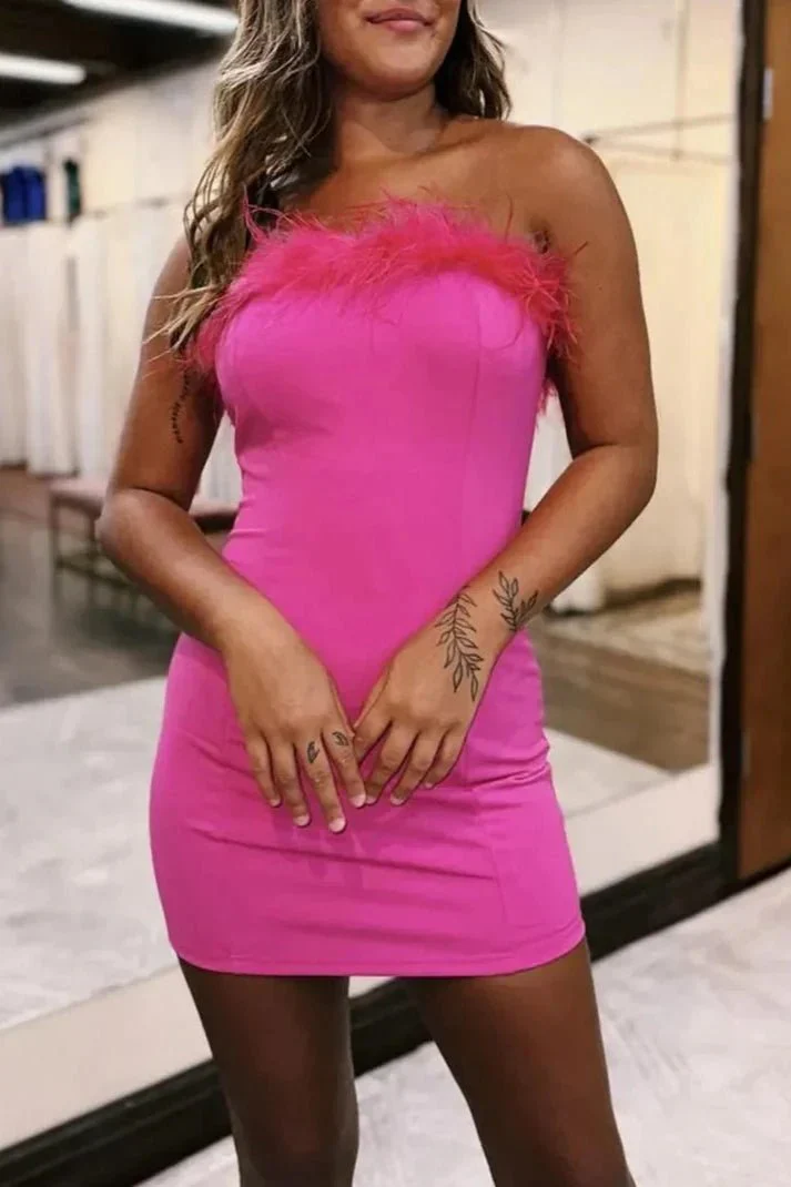 White Strapless Feather Bodycon Short Party Dress