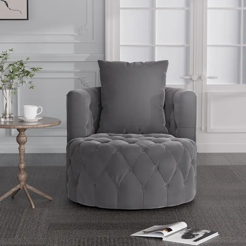 Velvet 360° Swivel Barrel Accent Armchair with Pillow – Grey / Beige, Classic Style, Seats 1