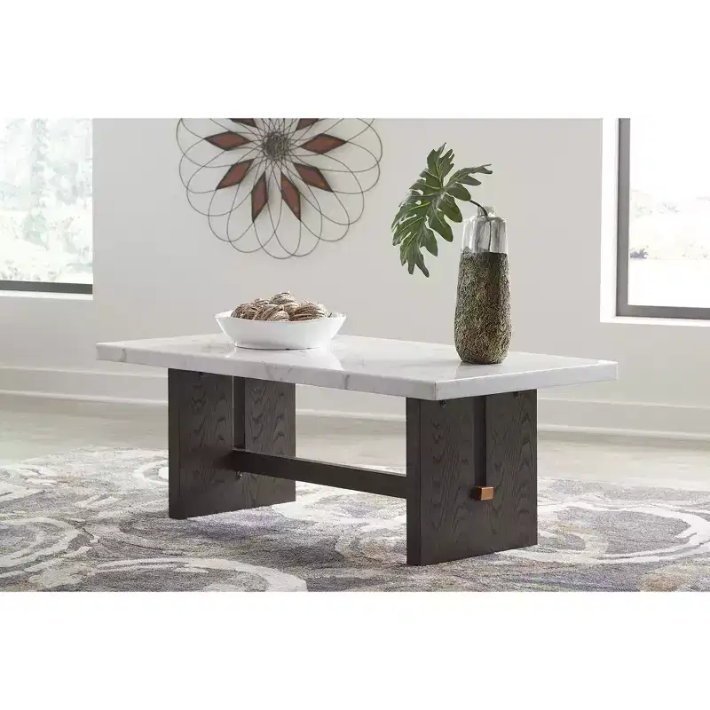 Signature Design by Ashley Burkhaus Traditional Rectangular Coffee Table with Marble Tabletop, Dark Brown & White