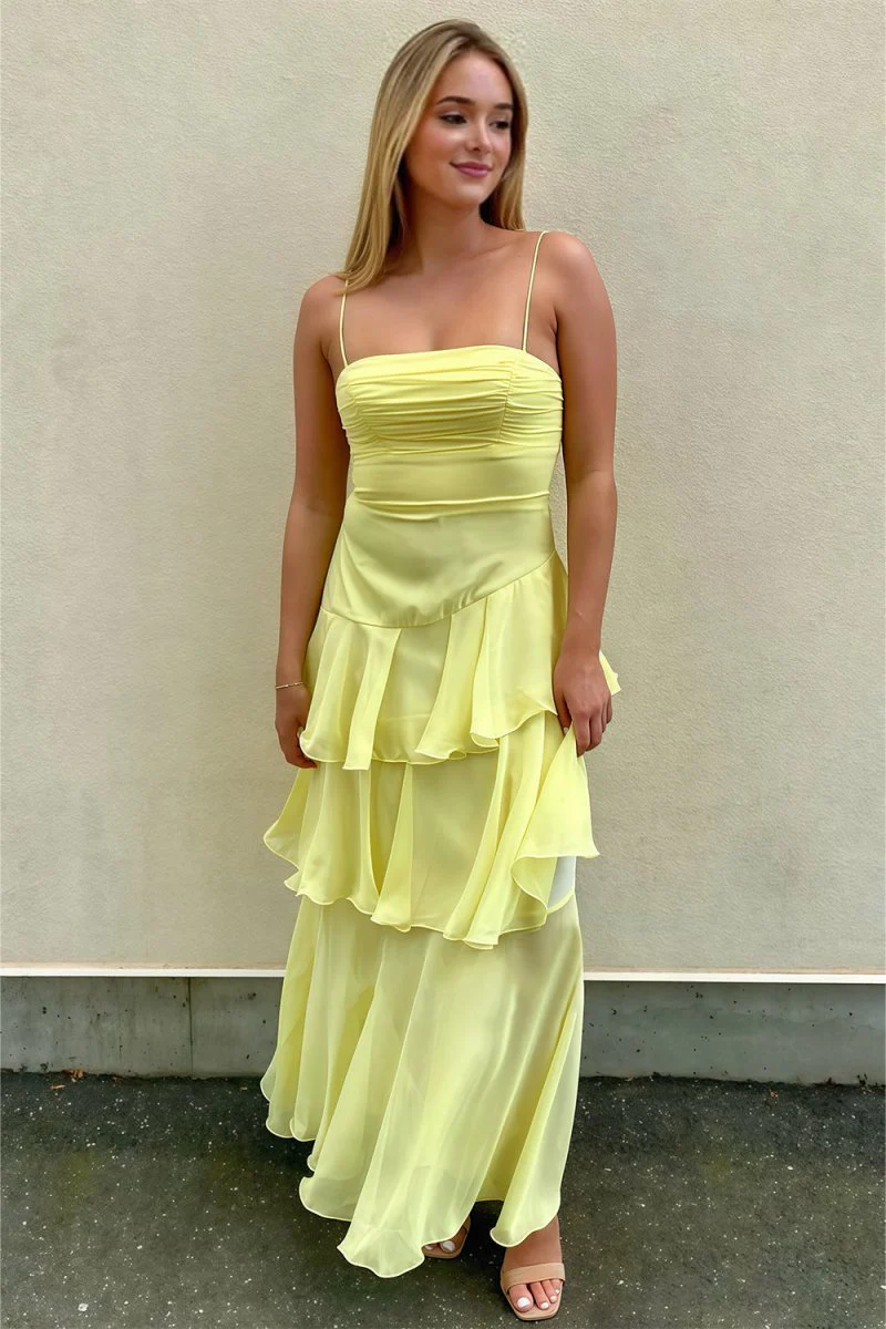 Yellow Spaghetti Straps Sheath Chiffon Pleated Formal Prom Dresses With Ruffles