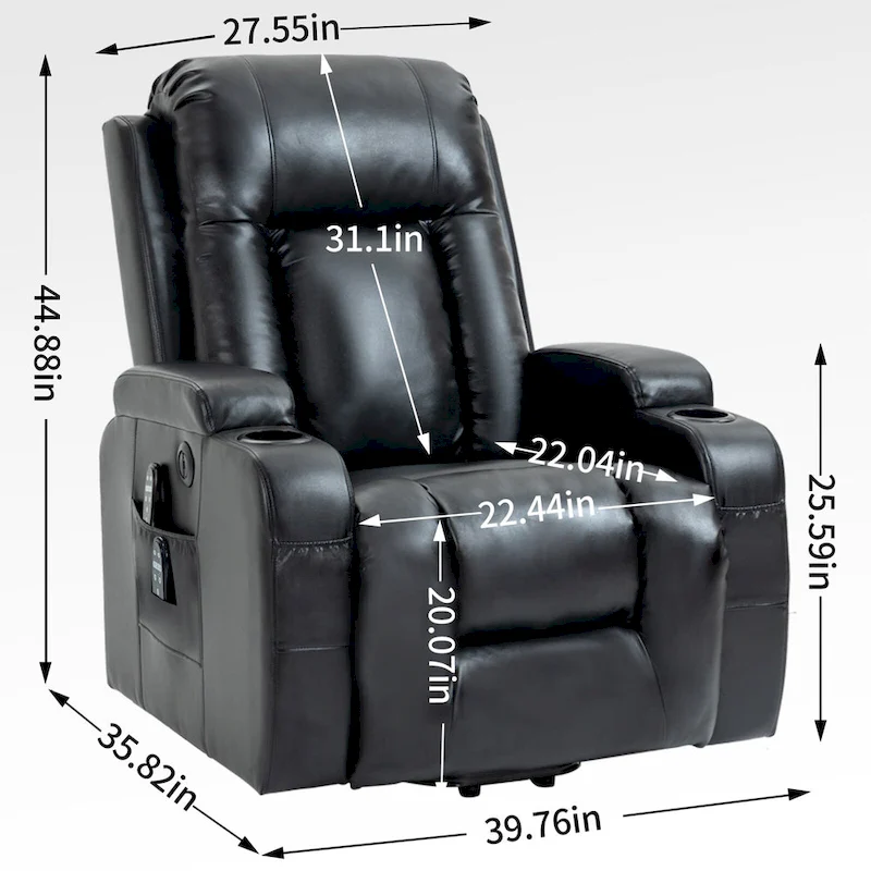 Black PU Leather Power Lift Recliner, 8-Point Massage, Heated, USB