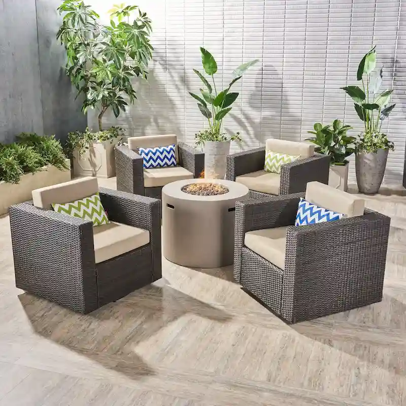 Eli Outdoor 4 Piece Swivel Club Chair Set with Round Fire Pit by Christopher Knight Home