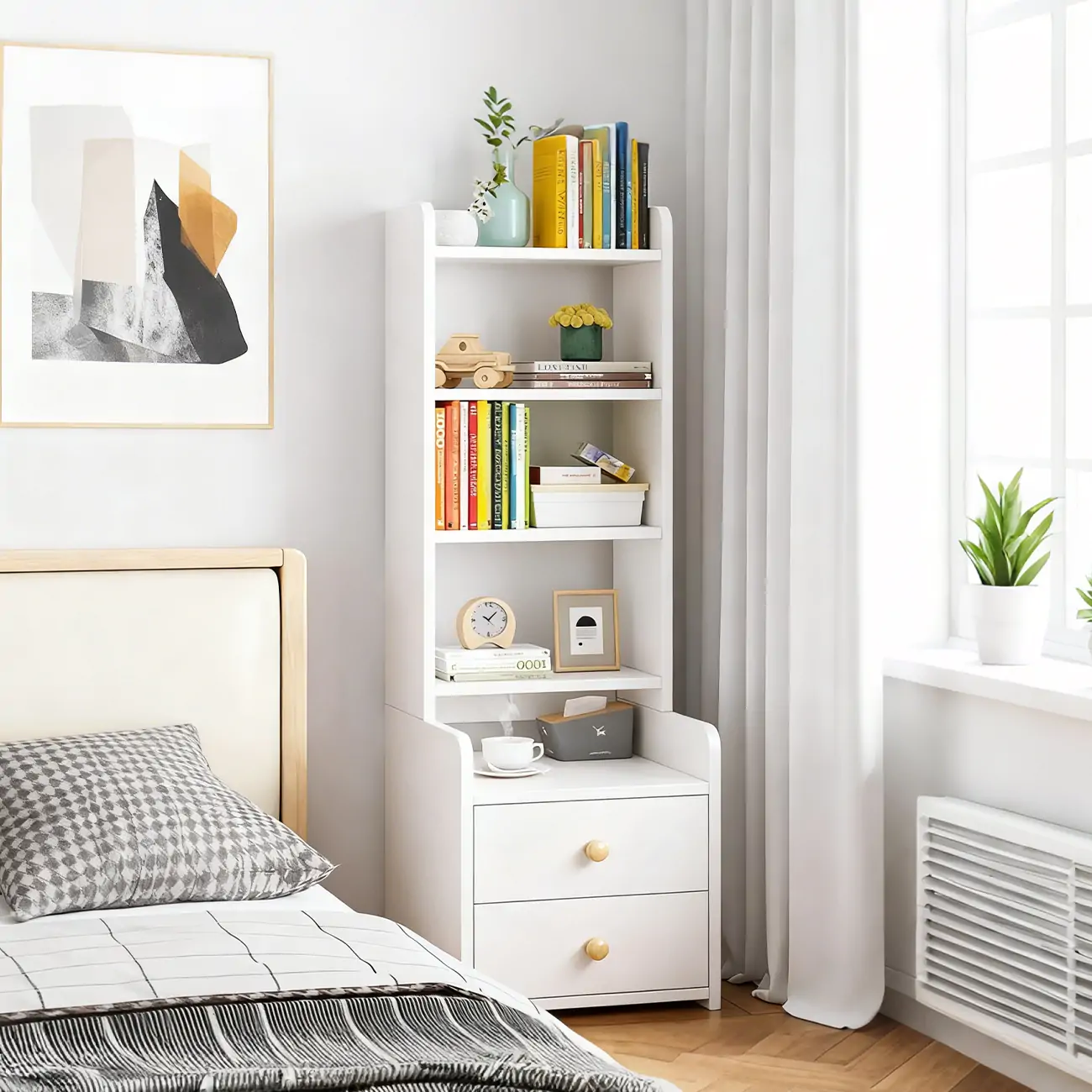 Modern Tall Wood Spacious Shelves 2-Drawer Nightstand