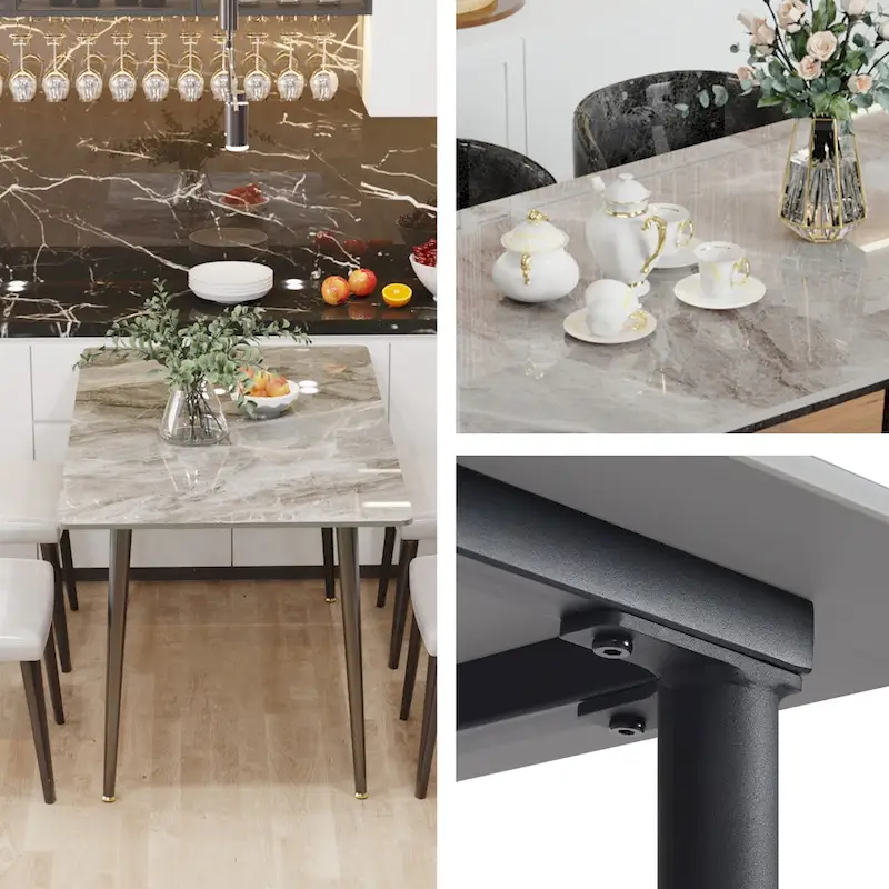 6 Seater Kitchen Dining Table Modern Marble Tabletop Rectangular with Tapered Metal Legs